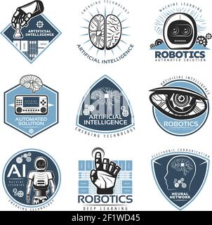 Bunte futuristische Innovationen Labels Kollektion mit Roboter kybernetische künstliche Intelligenz Technologien im Vintage-Stil isoliert Vektor illust Stock Vektor