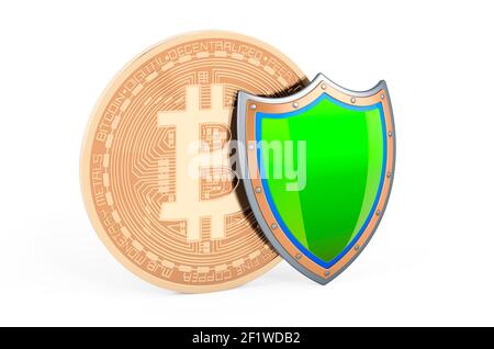 Bitcoin mit Schild, 3D Rendering isoliert auf weißem Hintergrund Stockfoto