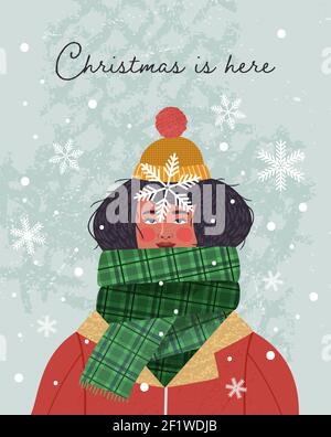 Frohe Weihnachten Grußkarte Illustration der Frau lächelnd Blick auf Winter Schneeflocken. Handgezeichnetes Cartoon-Design mit großen Schal und Urlaub Text qu Stock Vektor
