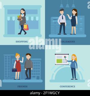 Business Mutter Quadrat Zusammensetzung mit Frau einkaufen im Gespräch mit Kollegen Freunde und Dozent an Konferenz Vektor Illustration Stock Vektor