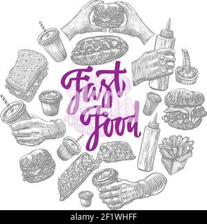 Fast Food Elements rundes Konzept mit Burgern pommes frites Ketchup Und Getränke im Skizzenstil isoliert Vektor-Illustration Stock Vektor