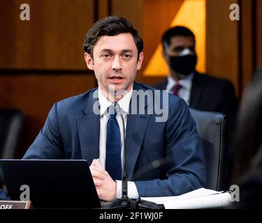 Washington, DC, USA. März 2021, 9th. 9. März 2021 - Washington, DC, USA: US-Senator JON OSSOFF (D-GA) spricht bei einer Anhörung des Justizausschusses des Senats. Quelle: Michael Brochstein/ZUMA Wire/Alamy Live News Stockfoto