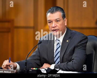 Washington, DC, USA. März 2021, 9th. 9. März 2021 - Washington, DC, USA: US-Senator ALEX PADILLA (D-CA) spricht bei einer Anhörung des Justizausschusses des Senats. Quelle: Michael Brochstein/ZUMA Wire/Alamy Live News Stockfoto