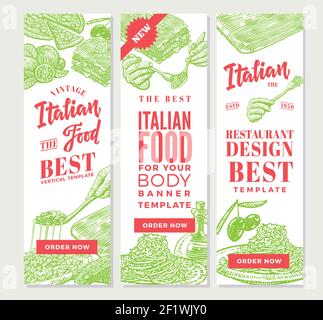 Vintage italienische Lebensmittel vertikale Banner mit traditionellen Mahlzeiten und Gerichten Der nationalen Küche für Restaurant Design Vektor Illustration Stock Vektor