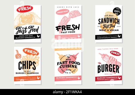 Handgezeichnete Fast-Food-Poster mit Sandwiches, Snacks, Chips, Burgern Vektorgrafik Senf und Ketchup Stock Vektor