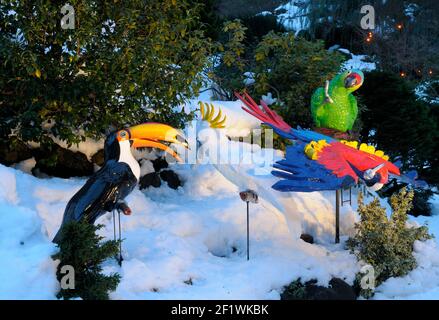 Am vierten Weihnachtstag schickte mir meine wahre Liebe: Vier rufende Vögel, drei französische Hühner, zwei Turtelauben und ein Rebhuhn in einem Birnenbaum, der BU Stockfoto