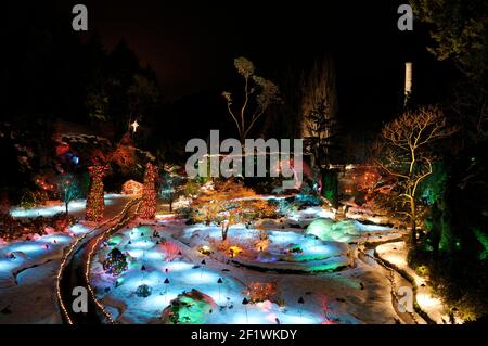 Winter im Sunken Garden, den Butchart Gardens, Brentwood Bay, British Columbia, Kanada. Stockfoto