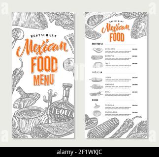 Mexikanische Küche Restaurant Menüvorlage mit traditionellen Mahlzeiten und Produkten Der nationalen Küche in Skizze Stil Vektor-Illustration Stock Vektor