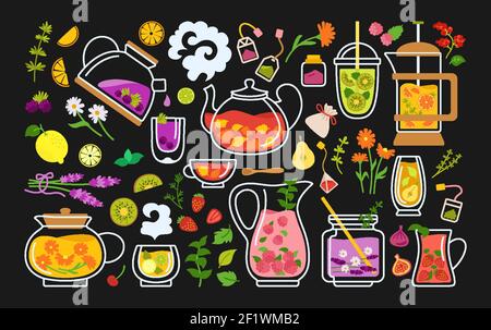 Tasse Tee und Cocktails Cartoon-Set. Tea Time Glas Tasse Teekanne Kräuter, Früchte, Zutaten für Getränke. Strandparty-Konzept, Sommer handgezeichnet für Poster, Menü. Flaches Design trendige Vektor-Illustration Stock Vektor