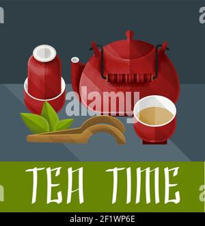Chinesische Teezeremonie Illustration mit rotem Wasserkocher Paar und pialat Im Vintage-Stil Stock Vektor