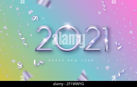 Frohes neues Jahr 2021 Grußkarte Illustration. Realistische 3D silberne Zahl Datum Zeichen auf Spaß Pastell Regenbogen Hintergrund mit Partei Konfetti fallen. Kol Stock Vektor