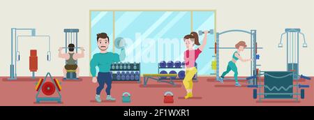 Flat Fitness-Training Banner mit Bodybuilder und Athleten tun körperlich Trainieren im Fitnessraum Stock Vektor
