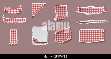 Bunt zerrissen und zerfetzt Papier Satz von verschiedenen Formen mit Gingham Tischdecke Muster isoliert Stock Vektor