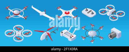 Isometrische moderne Drohnen Set mit zwei drei vier sechs Propellern Drohnen Fernbedienung und Kamera isoliert Vektor Illustration Stock Vektor