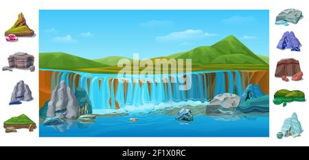 Cartoon bunte schöne Naturlandschaft mit Wasserfall Hügel grüne Berge Verschiedene Steine und Felsen Stock Vektor
