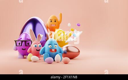 Schokolade Osterei Zeichen lächeln und Spaß haben. Ostern Pause Hintergrund 3D Illustration. Stockfoto