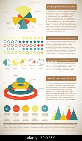 Flache vintage Infografiken Elemente in hellen Farben zeigen Statistiken mit Vektordarstellung für Textfelder Stock Vektor