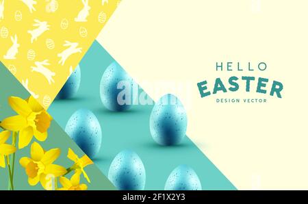 Frohe Ostern Feiern Hintergrund mit Narzissen Blumen, ostern Schokolade Eier und Kaninchen Silhouetten. Vektorgrafik. Stock Vektor