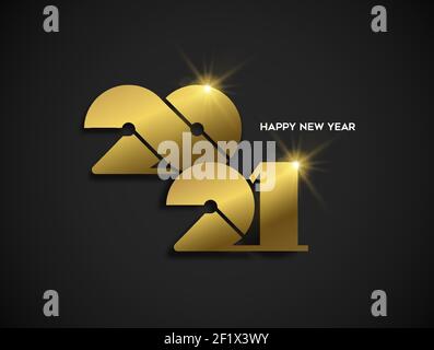 Frohes neues Jahr 2021 Gold Luxus Grußkarte Design. Moderne goldene Kalender Datum Nummer Zeichen auf schwarzem Hintergrund. Stock Vektor