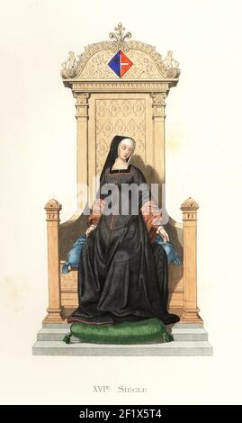 Louise von Savoyen, Herzogin von Auvergne, 1476-1531. Louise de Savoie, Duchesse d'Angoulme, Mere de Francois I. nach einer Miniatur in einem Manuskript angeboten Louise de Savoie. Handkolorierte Lithographie nach einer Illustration von Edmond Lechevallier-Chevignard aus Georges Duplessis Costumes historiques des XVIe, XVIIe et XVIIIe siecles (Historische Kostüme des 16th., 17th. Und 18th. Jahrhunderts), Paris, 1867. Edmond Lechevallier-Chevignard war Künstler, Buchmaler und Innenarchitekt. Stockfoto