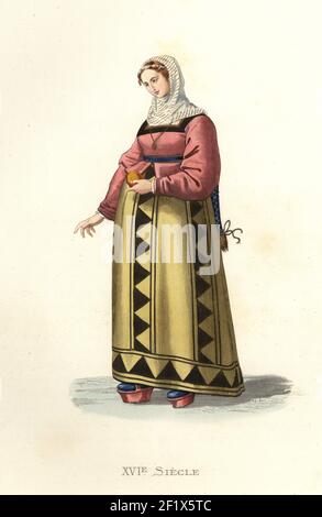 Frau von Burgos, Spanien, 16th Jahrhundert. In Musselin Chaperon Kapuze, Kleid mit quadratischen Schnitt Mieder, Schürze und Plattform Espadrilles oder alpargatas. Espagne, Dame de Burgos. Handkolorierte Lithographie nach einer Illustration von Edmond Lechevallier-Chevignard aus Georges Duplessis Costumes historiques des XVIe, XVIIe et XVIIIe siecles (Historische Kostüme des 16th., 17th. Und 18th. Jahrhunderts), Paris, 1867. Edmond Lechevallier-Chevignard war Künstler, Buchmaler und Innenarchitekt. Stockfoto