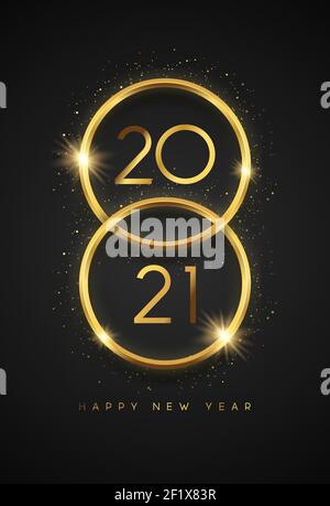 Frohes neues Jahr 2021 vertikale Grußkarte Illustration. Gold 3D Ring Rahmen mit Party Glitter und Kalendernummer Datum auf schwarzem Hintergrund. Luxus VI Stock Vektor