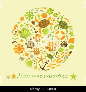 Sommerurlaub Sandfarbe Hintergrund mit marinen dekorativen Elementen gesammelt Im Kreis flach Vektor Illustration Stock Vektor