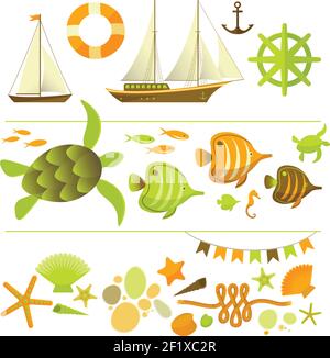 Sommer farbige Ikonen Set mit Yacht Rad Segelboot Anker Leben Ring und Ozean Fauna flache Vektor Illustration Stock Vektor