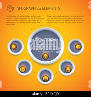 Abstrakte Business-Infografiken mit Kreis Diagramm Text Symbole fünf Optionen Auf hellorangefarbenem Hintergrund isolierte Vektordarstellung Stock Vektor