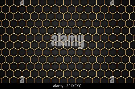 Gold und schwarz Luxus 3D Hintergrund Illustration, geometrische Hexagon-Form Hintergrund. Leere Wabenraster Textur, modernes goldenes VIP futuristisches Design. Stock Vektor