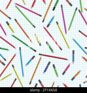 Schulbildung nahtloses Muster mit bunten Holzstiften in realistisch Stil auf Papier Notiz Vektor Illustration Stock Vektor