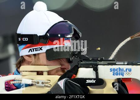 Ondrej Moravec aus der Tschechischen Republik während der Biathlon Männer 12,5km Verfolgung der XXII Olympischen Winterspiele Sotchi 2014, auf der komplexen Langlauf und Biathlon Laura, am 10. Februar 2014 in Sotschi, Russland. Fotopool KMSP / DPPI Stockfoto