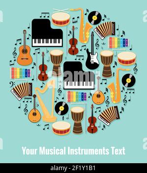 Verschiedene Musikinstrumente Design geformt rund mit editierbarem Textbereich. Isoliert auf hellblauem Himmel Hintergrund. Stock Vektor