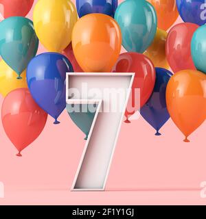 Happy 7th Geburtstag Hintergrund mit bunten Ballons. 3D Rendering Stockfoto