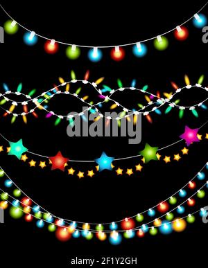Set von bunten Weihnachtsbeleuchtung Girlande auf schwarzem Hintergrund Grafik-Design. Stock Vektor