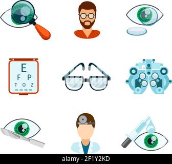 Optometrie und optische Symbole flach gesetzt. Pipette und Okulist, Augenanalyse, Augenheilkunde und Behandlung, Vektordarstellung Stock Vektor