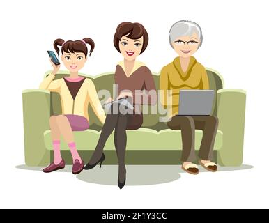 Cartooned Frauen sitzen auf Sofa mit Gadgets Grafik-Design - Mädchen mit Handy Frau mit Tablet und ältere Laptop. Isoliert auf weißem Backgr Stock Vektor