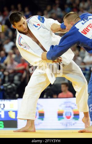 Alexandre Iddir (-90kg) aus Frankreich tritt am 26. April 2014 in der Park&Suites Arena in Montpellier, Frankreich, gegen Gergo Fogasy aus Ungarn an. Foto Philippe Millereau / KMSP / DPPI Stockfoto