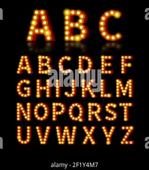 Schriftart für Glühbirnen. Text und Zeichen, Glühbirne hell, Alphabet-Design. Vektorgrafik Stock Vektor