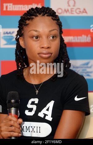 Allyson Felix (USA) während der Pressekonferenz Meeting Areva 2014 im Hotel Mercure Tour Eiffel in Paris, Frankreich, am 4. Juli 2014. Foto Philippe Millereau / KMSP / DPPI Stockfoto