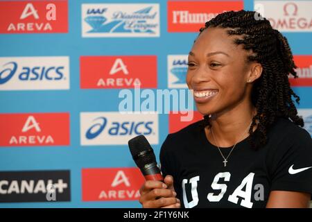 Allyson Felix (USA) während der Pressekonferenz Meeting Areva 2014 im Hotel Mercure Tour Eiffel in Paris, Frankreich, am 4. Juli 2014. Foto Philippe Millereau / KMSP / DPPI Stockfoto