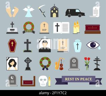 Tod, Ritual und Begräbnis farbige Ikonen. Web-Elemente zum Thema Tod, die Trauerfeier. Vektorgrafik Stock Vektor