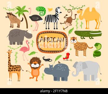 Satz von Vektor afrikanischen Tieren. Raubtiere Leopard und Löwe. Elefant und Nilpferd, Giraffe und Kamel Stock Vektor
