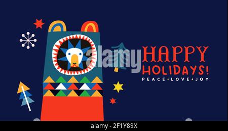 Happy Holiday Grußkarte Illustration, vintage skandinavischen Kunst Stil Bär mit niedlichen nordischen Dekoration und weihnachten Kiefer Ornament. Frieden, Ruhe Stock Vektor