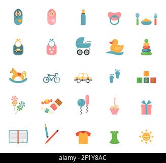 Kinderspielzeug im flachen Stil. Satz von Symbolen zu einem Thema von Säuglingen und deren Zubehör. Vektorgrafik Stock Vektor