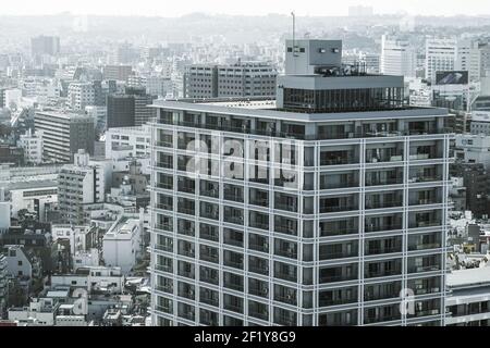 Yokohama Skyline sichtbar vom Marine Tower (monochrom) Stockfoto