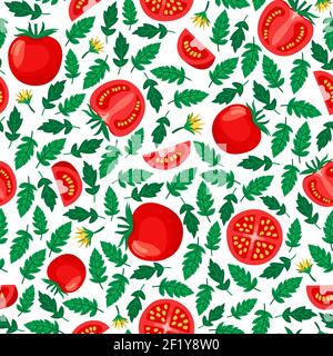 Tomaten nahtloses Muster, weißer Hintergrund mit geschnittenen und ganzen Tomaten und Blättern Stock Vektor