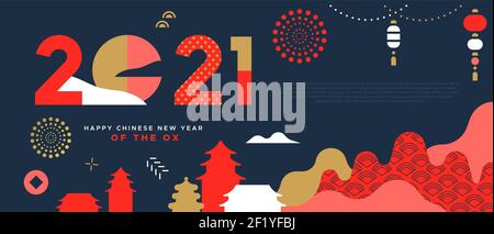 Chinesisches Neujahr des Ochsen 2021 Web-Vorlage Illustration in modernen geometrischen Stil. Minimalistische rote asiatische Stadtlandschaft mit nächtlichen Feuerwerk Himmel, Moun Stock Vektor