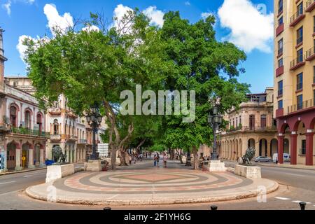 Havanna Kuba. 25. November 2020: Paseo del Prado in Havanna mit Bäumen und Bänken an den Seiten, ein Ort sehr beliebt bei Kubanern und Touristen Stockfoto