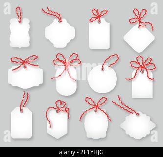 Preisschilder und Geschenkkarten gebunden mit Garnschleifen Set. Etikettenpapier, Verkaufsdesign, Tring Knoten, Vektor-Illustration Stock Vektor